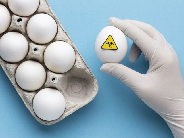 Ovo de galinha com sinal de tóxico sendo exposto na frente de uma cartela de ovos.