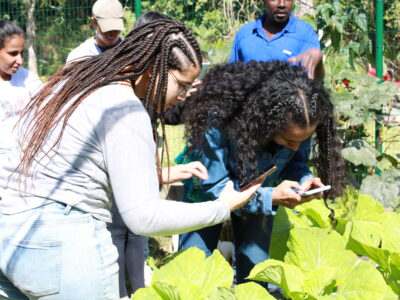 Duas estudantes mulheres registram fotos de hortaliça da Horta Orgânica.