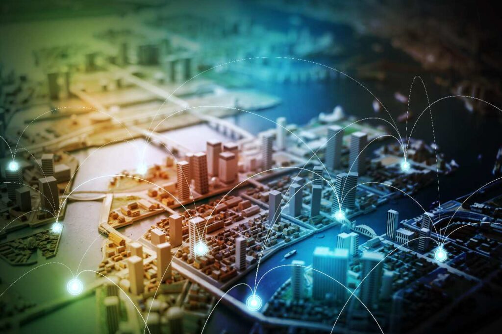 Maquete de cidades com luzes interligadas que simbolizam a tecnologia e parques tecnologicos